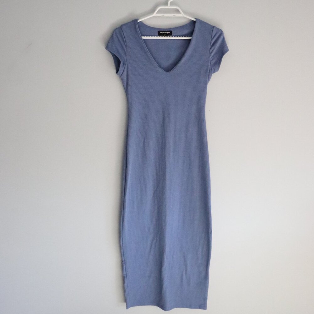 See You Monday‎ Ribbed Maxi V-Neck Bodycon Casual Stretch T-Shirt Dress